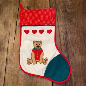 Vintage Applique TEDDY BEAR & HEARTS Christmas Stocking